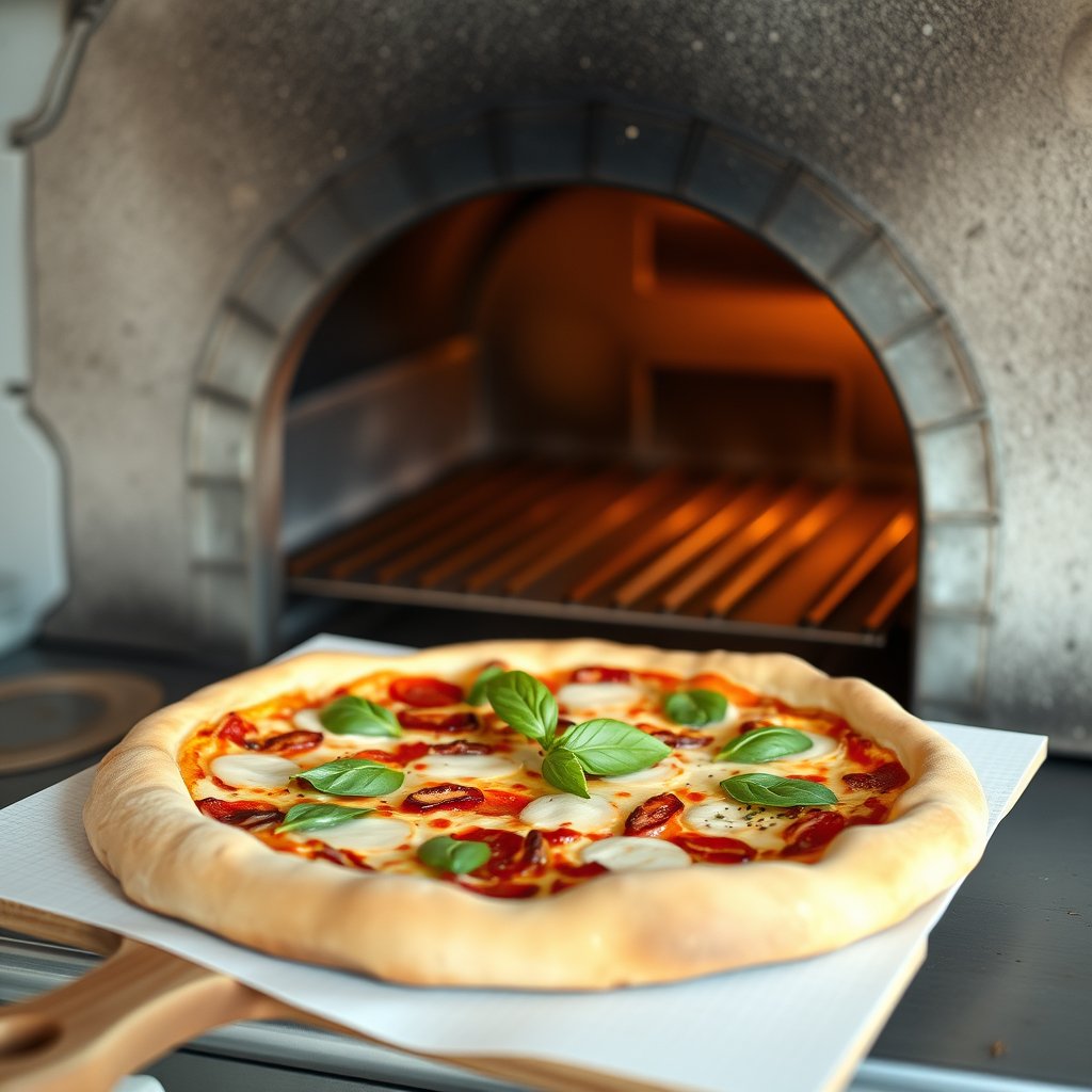 a rustic pizza fresh out of the oven with basil, bright and airy, pastel tones, dreamy aesthetic