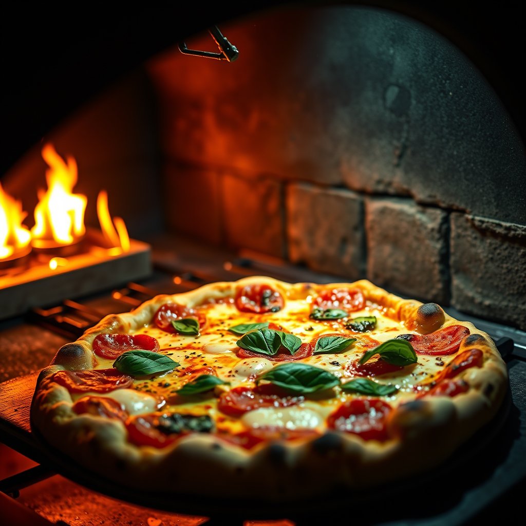 a rustic pizza fresh out of the oven with basil, cinematic lighting, vibrant colors, dramatic atmosphere