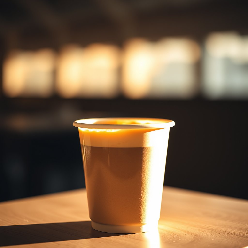 coffee drink in a paper cup, food photography, warm light — Латте на миндальном, golden hour lighting, warm tones, atmospheric