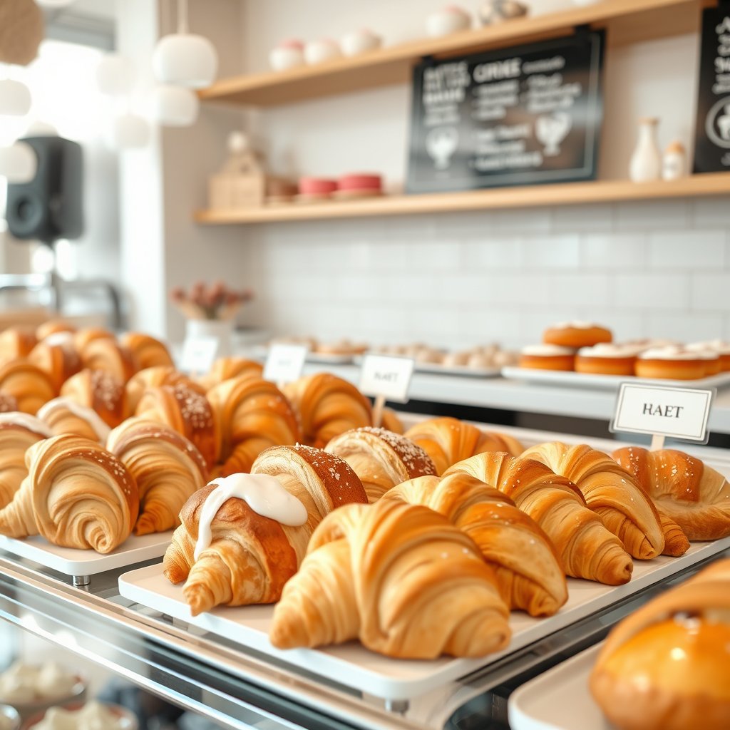 fresh croissants and pastries in a bakery display, bright and airy, pastel tones, dreamy aesthetic