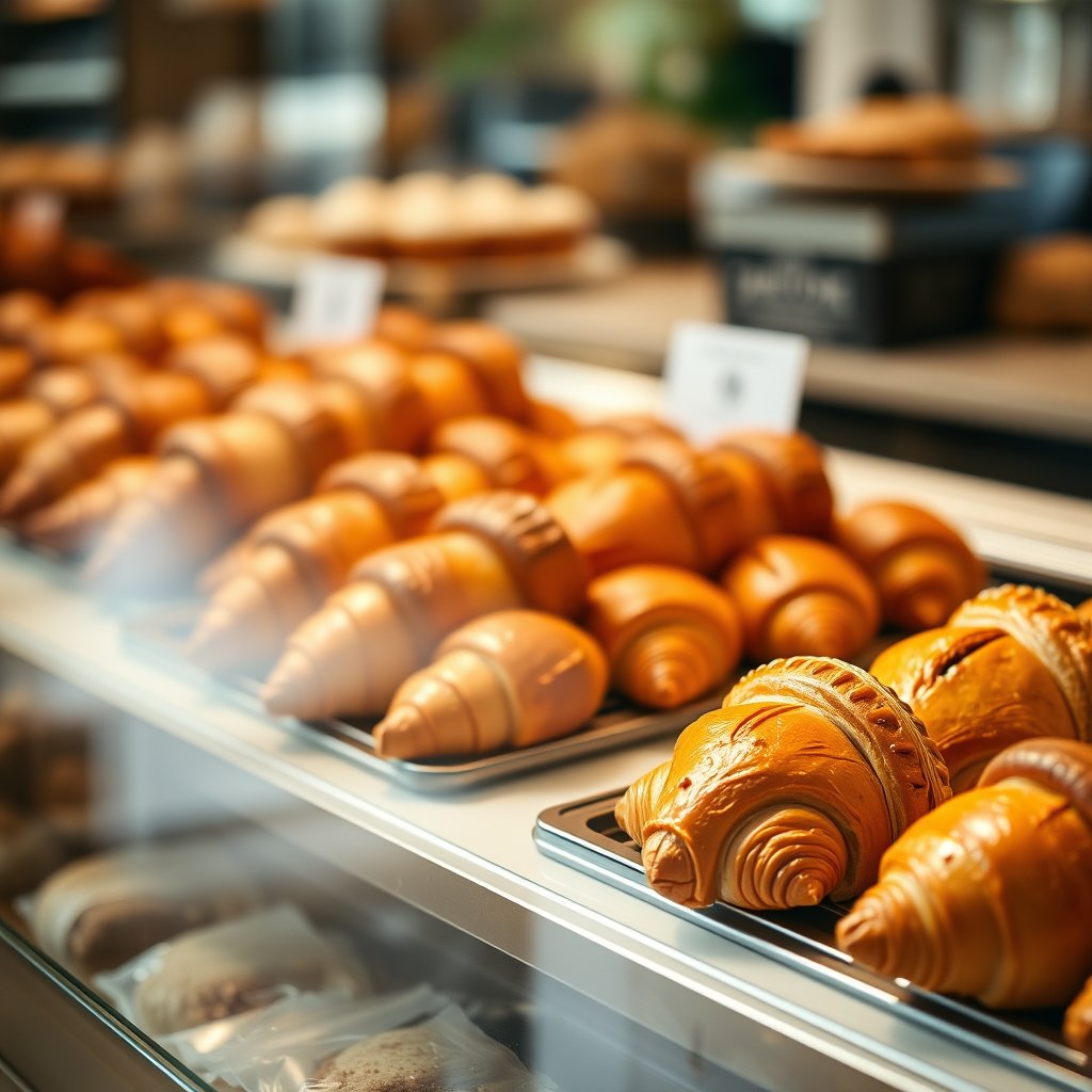 fresh croissants and pastries in a bakery display, soft natural light, shallow depth of field, bokeh