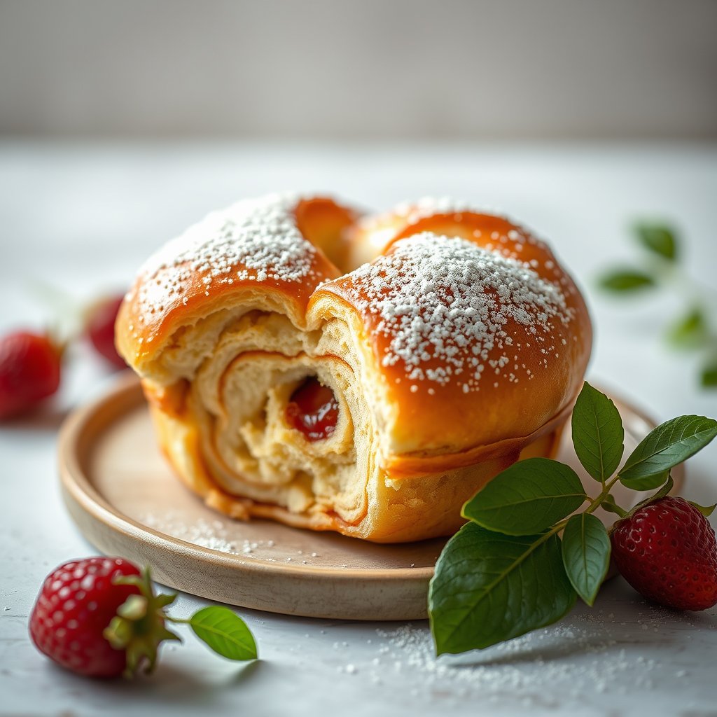 fresh bakery pastry, food photography, soft warm light, light background — Пекарня «Слойка», soft natural light, shallow depth of field, bokeh