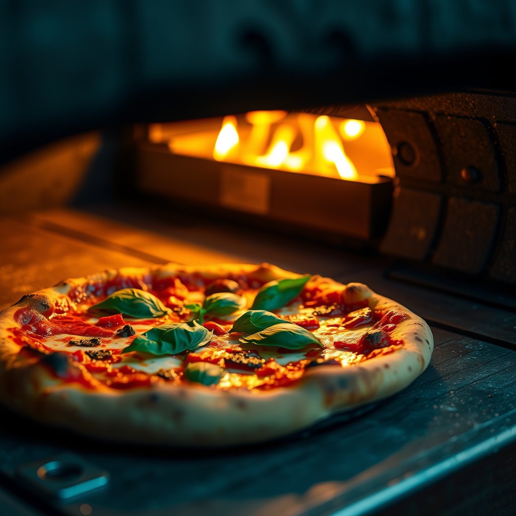 a rustic pizza fresh out of the oven with basil, cinematic lighting, vibrant colors, dramatic atmosphere