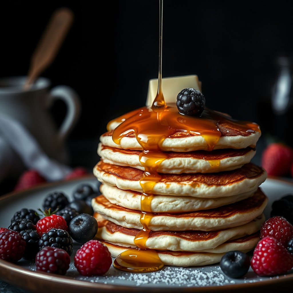 a stack of fluffy pancakes with maple syrup and berries, moody lighting, high contrast, fine art photography