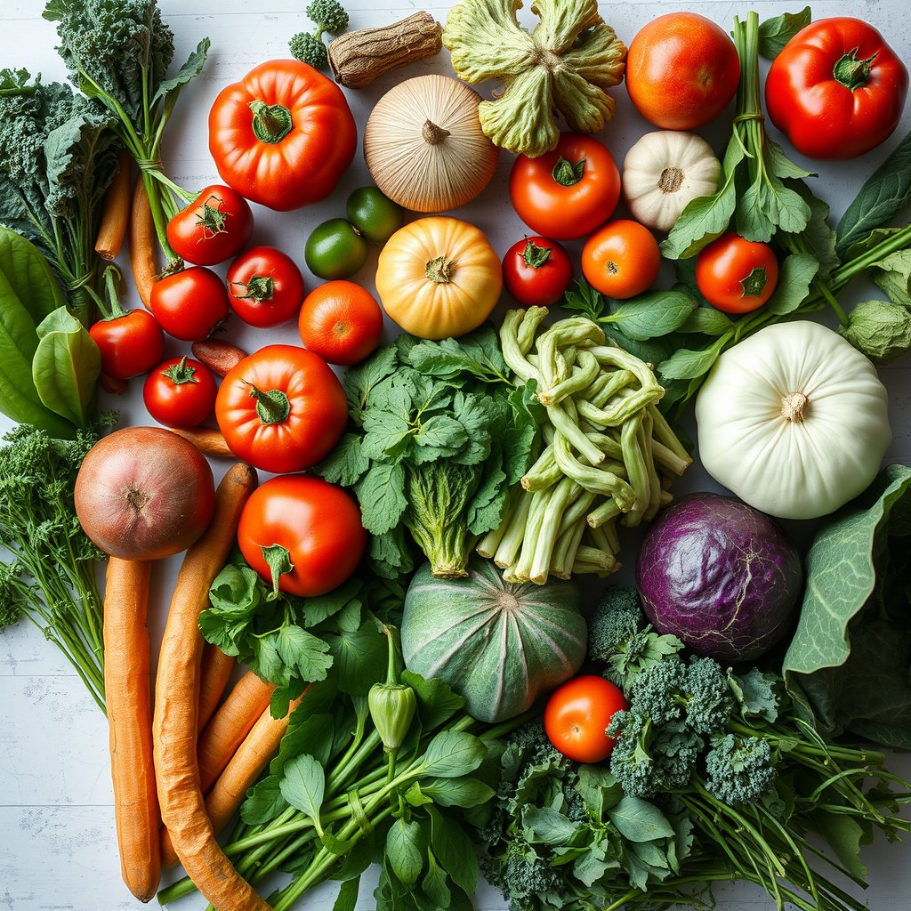 fresh groceries, vegetables and greens, top view, light background — Молоко фермерское 2,5%, ultra realistic, crisp details, studio quality