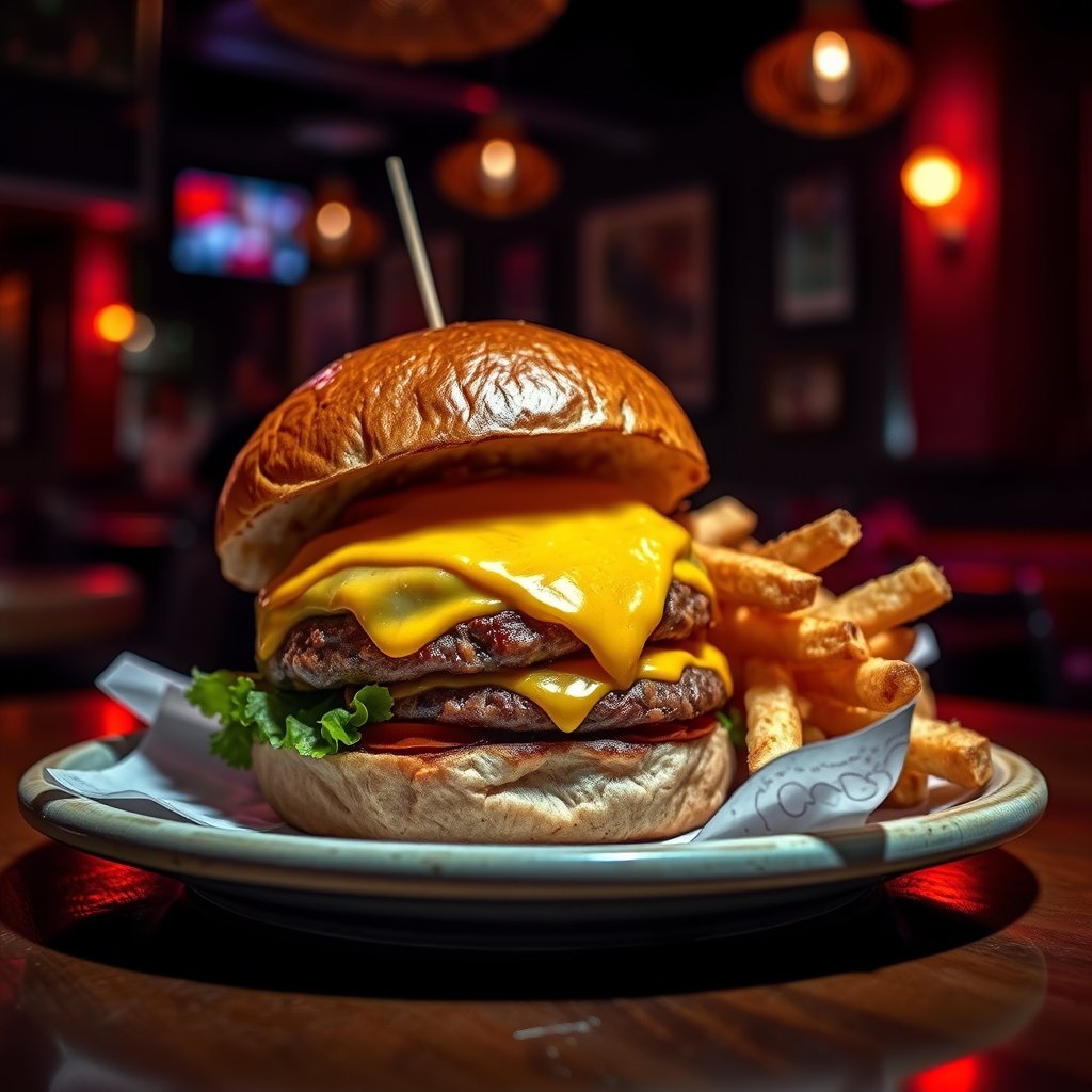 a gourmet burger with melted cheese and fries on a wooden table, cinematic lighting, vibrant colors, dramatic atmosphere