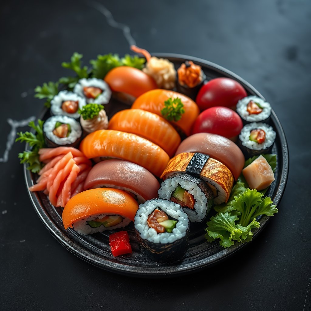 a sushi platter with assorted nigiri and rolls, highly detailed, 8k, professional photography, sharp focus