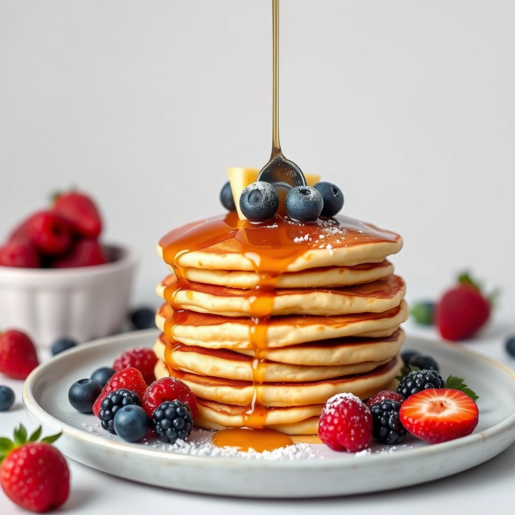 a stack of fluffy pancakes with maple syrup and berries, minimalist composition, clean background, elegant