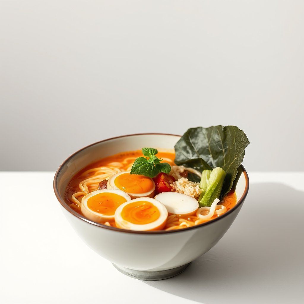 a bowl of ramen with egg, noodles and vegetables, minimalist composition, clean background, elegant