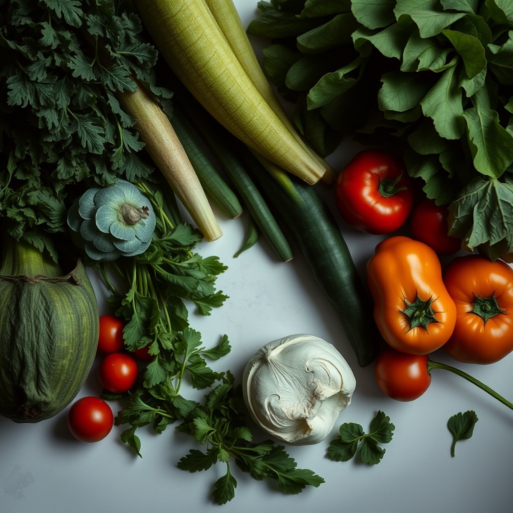 fresh groceries, vegetables and greens, top view, light background — Яйца куриные С0, moody lighting, high contrast, fine art photography