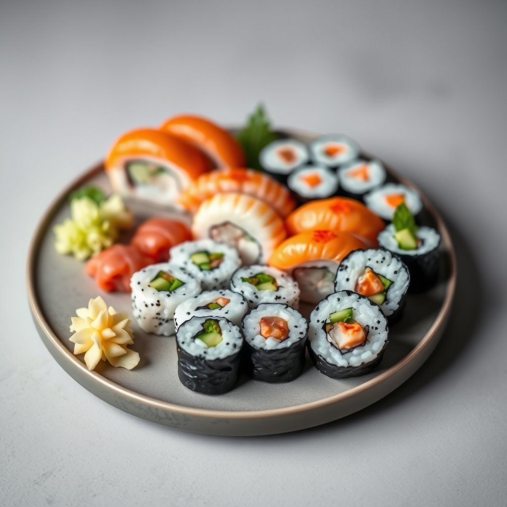 a sushi platter with assorted nigiri and rolls, minimalist composition, clean background, elegant