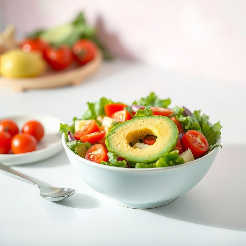 a colorful fresh salad bowl with avocado and tomatoes, bright and airy, pastel tones, dreamy aesthetic