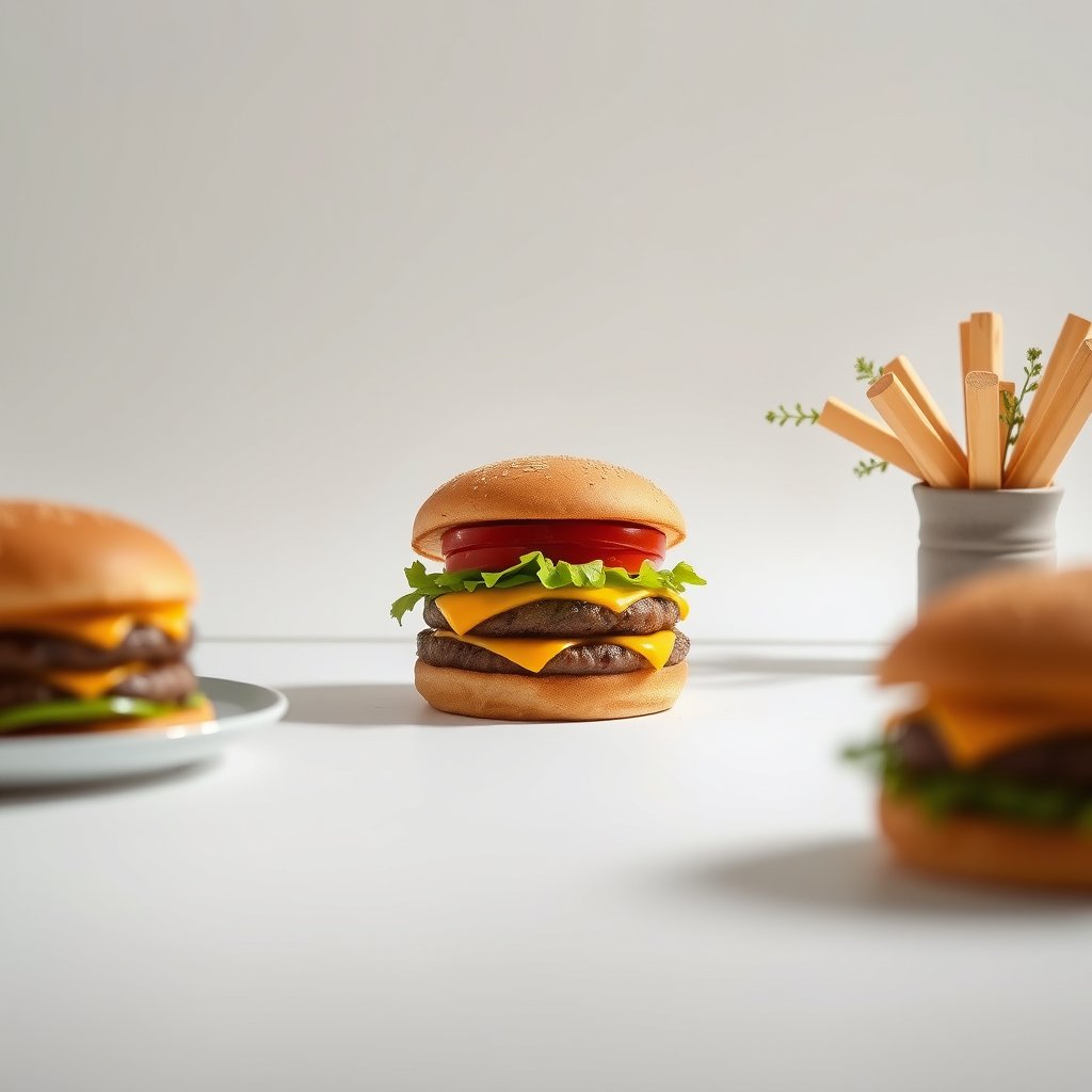 classic cheeseburger, food photography, minimalist composition, clean background, elegant