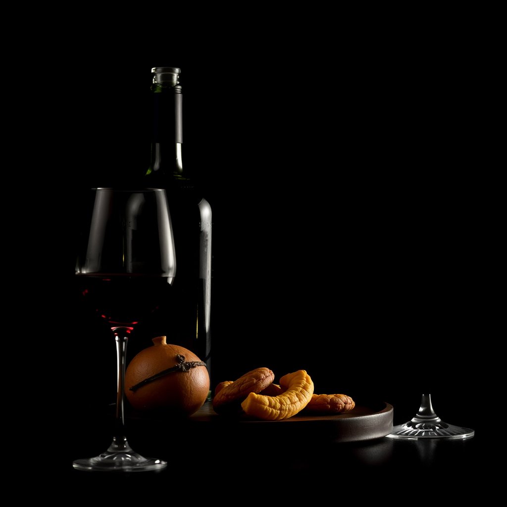 food wine drink bottle glass, moody lighting, high contrast, fine art photography