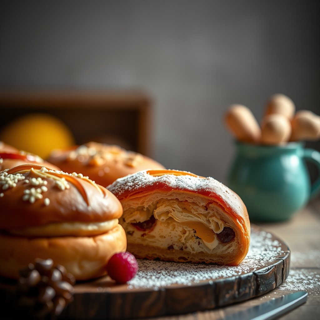 fresh bakery pastry, food photography, soft warm light, light background — Круассан с миндалём, cinematic lighting, vibrant colors, dramatic atmosphere