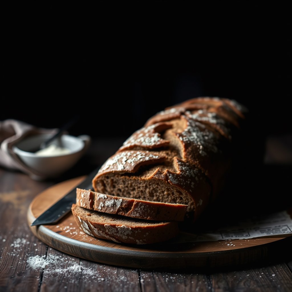 dark rye bread loaf, food photography, moody lighting, high contrast, fine art photography