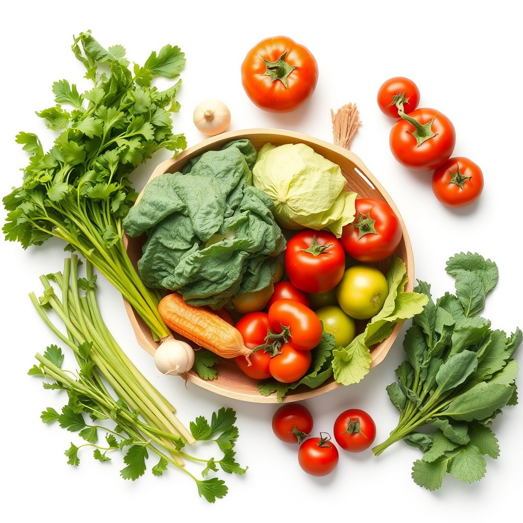 fresh groceries, vegetables and greens, top view, light background — Авокадо Хасс, спелое, ultra realistic, crisp details, studio quality