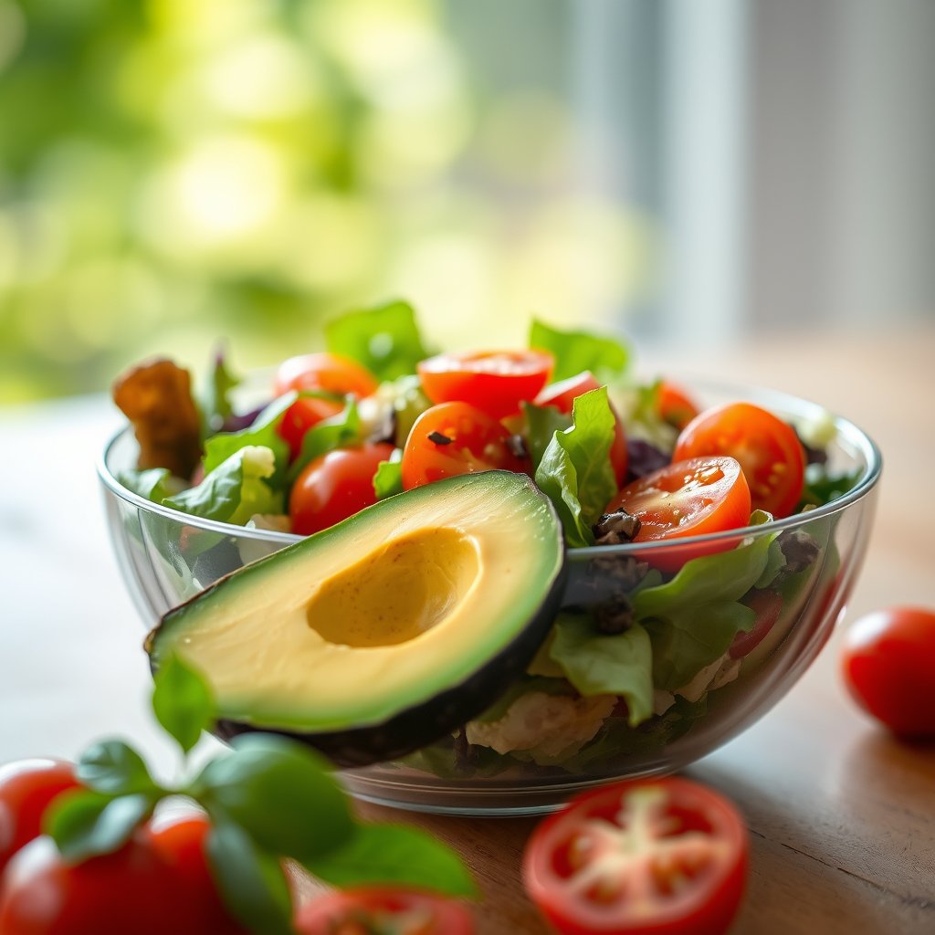 a colorful fresh salad bowl with avocado and tomatoes, soft natural light, shallow depth of field, bokeh
