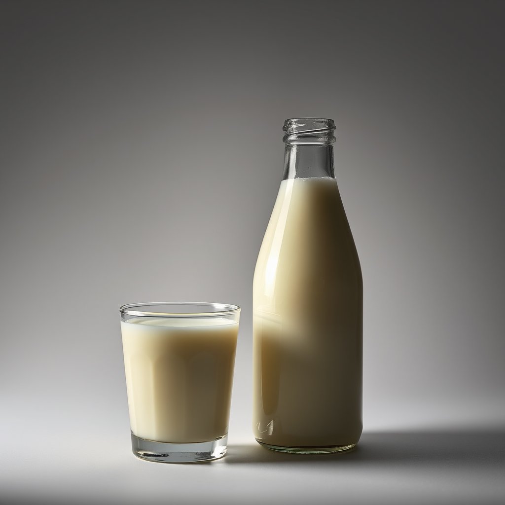 milk bottle and glass on a light background, moody lighting, high contrast, fine art photography