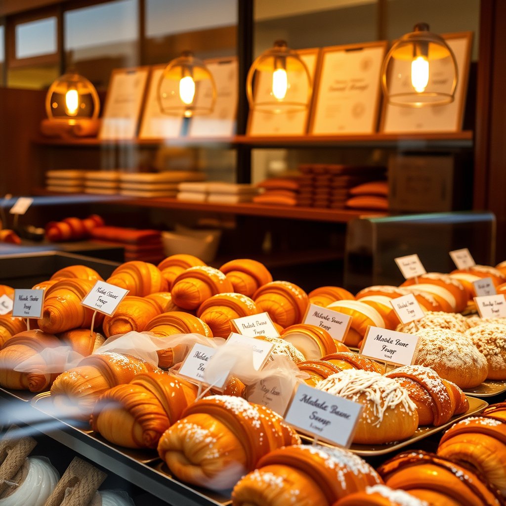 fresh croissants and pastries in a bakery display, golden hour lighting, warm tones, atmospheric
