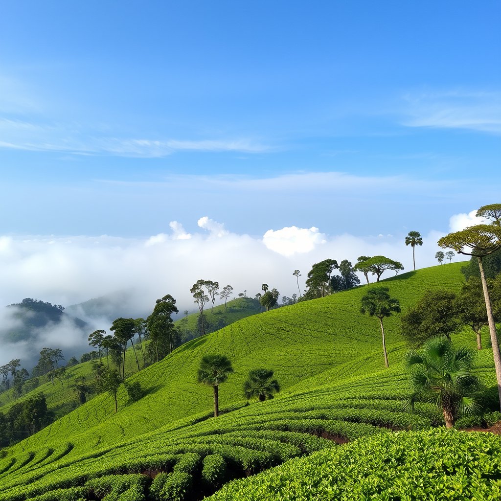 Coorg is a place I want to show tea garden on hills and clouds. clear image. make it more green. less clouds. make it realistic. more nature greens, bright and airy, pastel tones, dreamy aesthetic