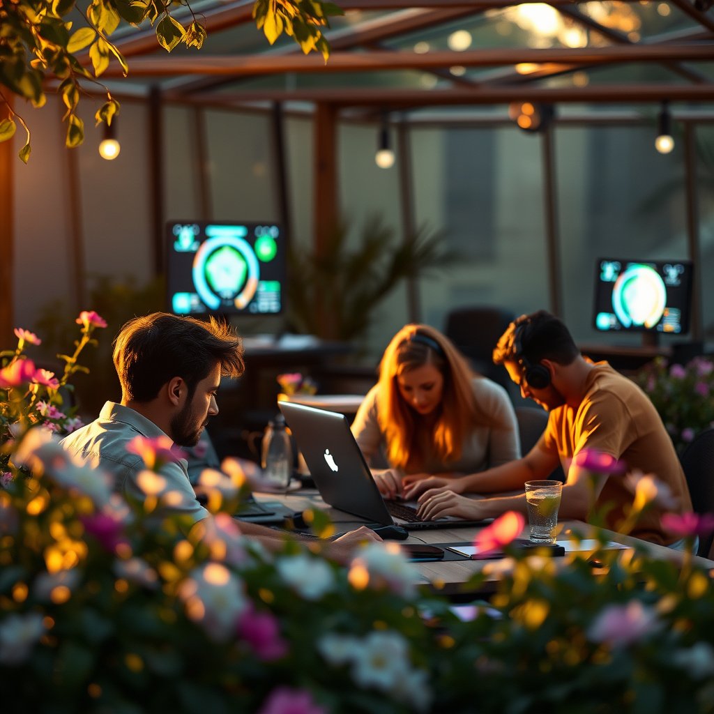 "Programadores trabajando, ambiente natural, flores
", golden hour lighting, warm tones, atmospheric