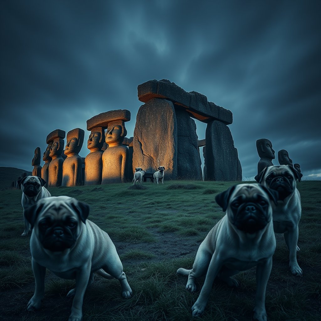 easter island MOAI of Chile 
with pugs around, moody lighting, high contrast, fine art photography