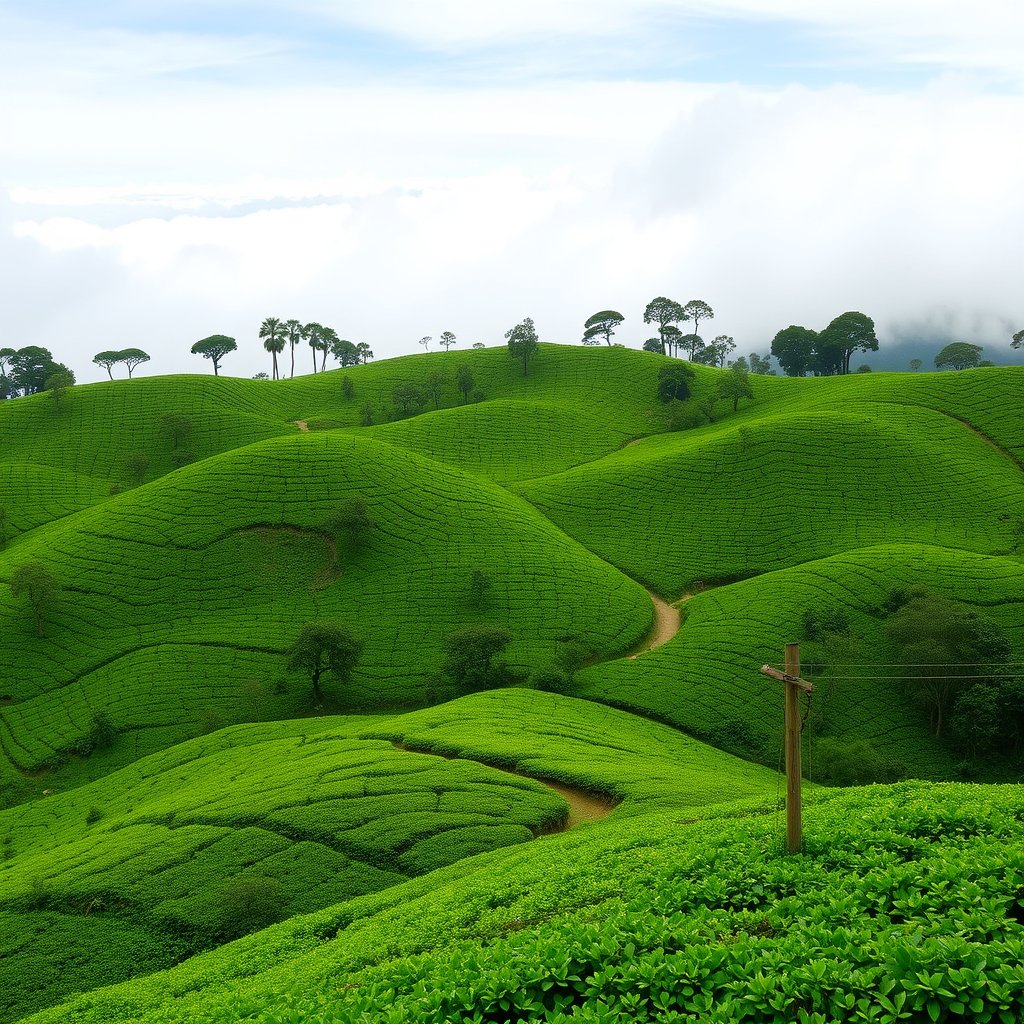 Coorg is a place I want to show tea garden on hills and clouds. clear image. make it more green. less clouds, minimalist composition, clean background, elegant