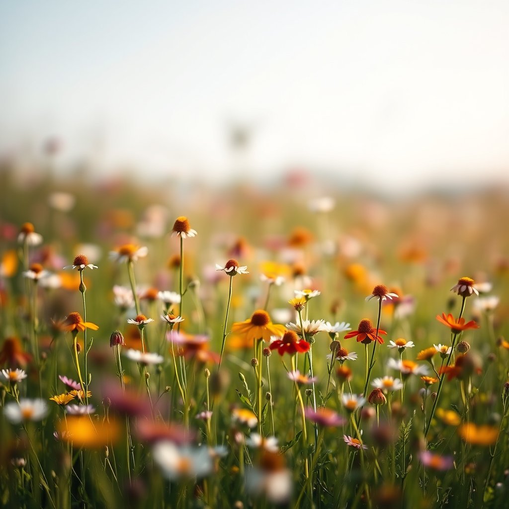 a field of wildflowers in full bloom, meadow at spring, soft natural light, shallow depth of field, bokeh