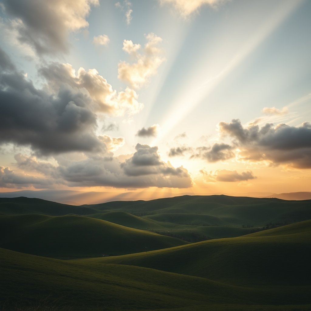 rolling green hills under a dramatic cloudy sky, golden hour lighting, warm tones, atmospheric