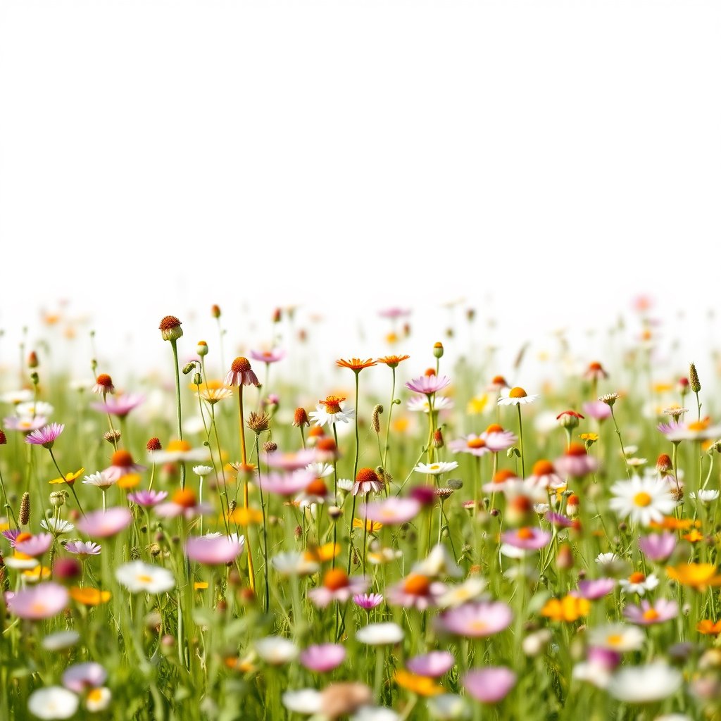 a field of wildflowers in full bloom, meadow at spring, minimalist composition, clean background, elegant