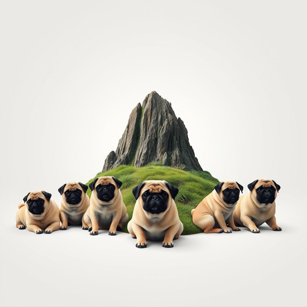 easter island of Chile 
with pugs around, minimalist composition, clean background, elegant