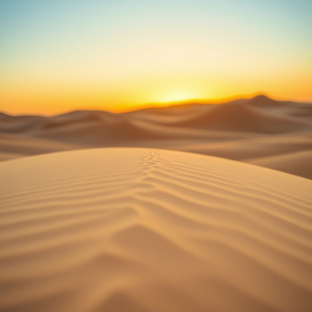 a desert landscape with sand dunes at golden hour, soft natural light, shallow depth of field, bokeh