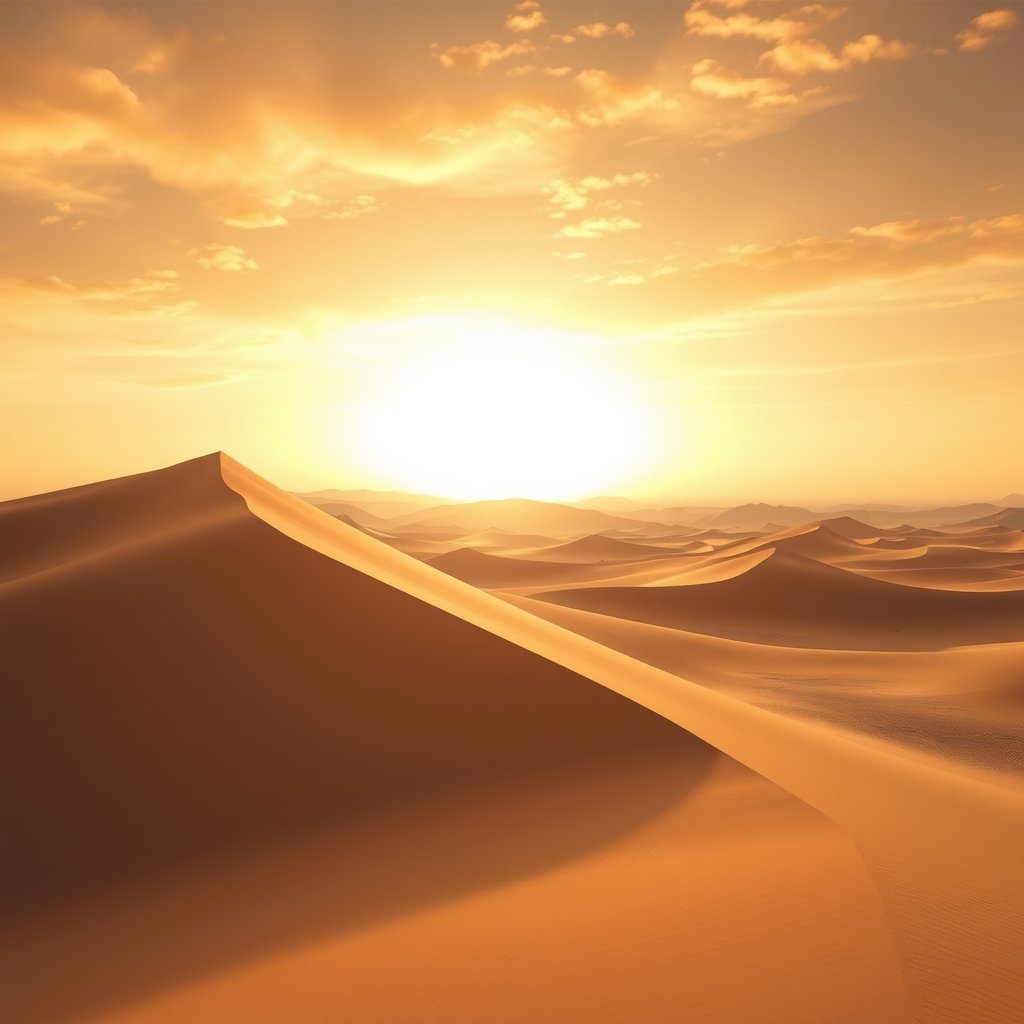 a desert landscape with sand dunes at golden hour, highly detailed, 8k, professional photography, sharp focus