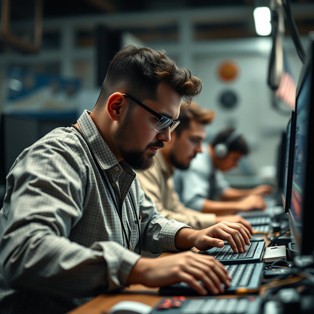 "muchos 
Programadores trabajando", highly detailed, 8k, professional photography, sharp focus