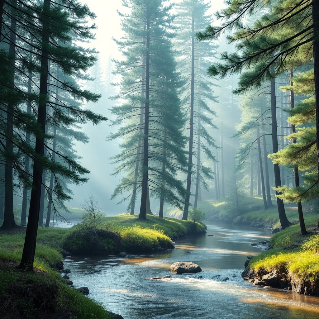 a misty pine forest with a winding river, bright and airy, pastel tones, dreamy aesthetic