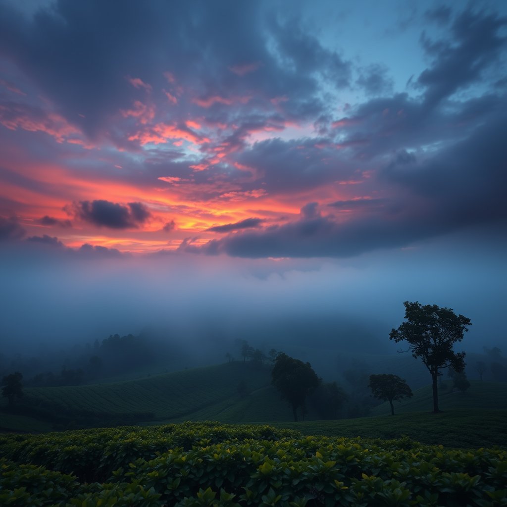 tea gradens, lesser sky, coorg, cinematic lighting, vibrant colors, dramatic atmosphere
