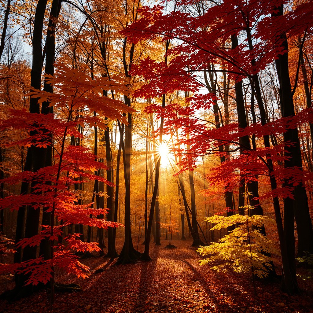 autumn forest with golden and red leaves, sun rays through trees, highly detailed, 8k, professional photography, sharp focus