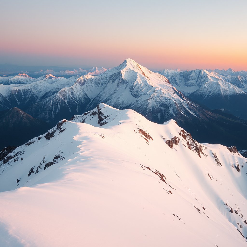 a snowy mountain peak with alpine glow at dusk, bright and airy, pastel tones, dreamy aesthetic