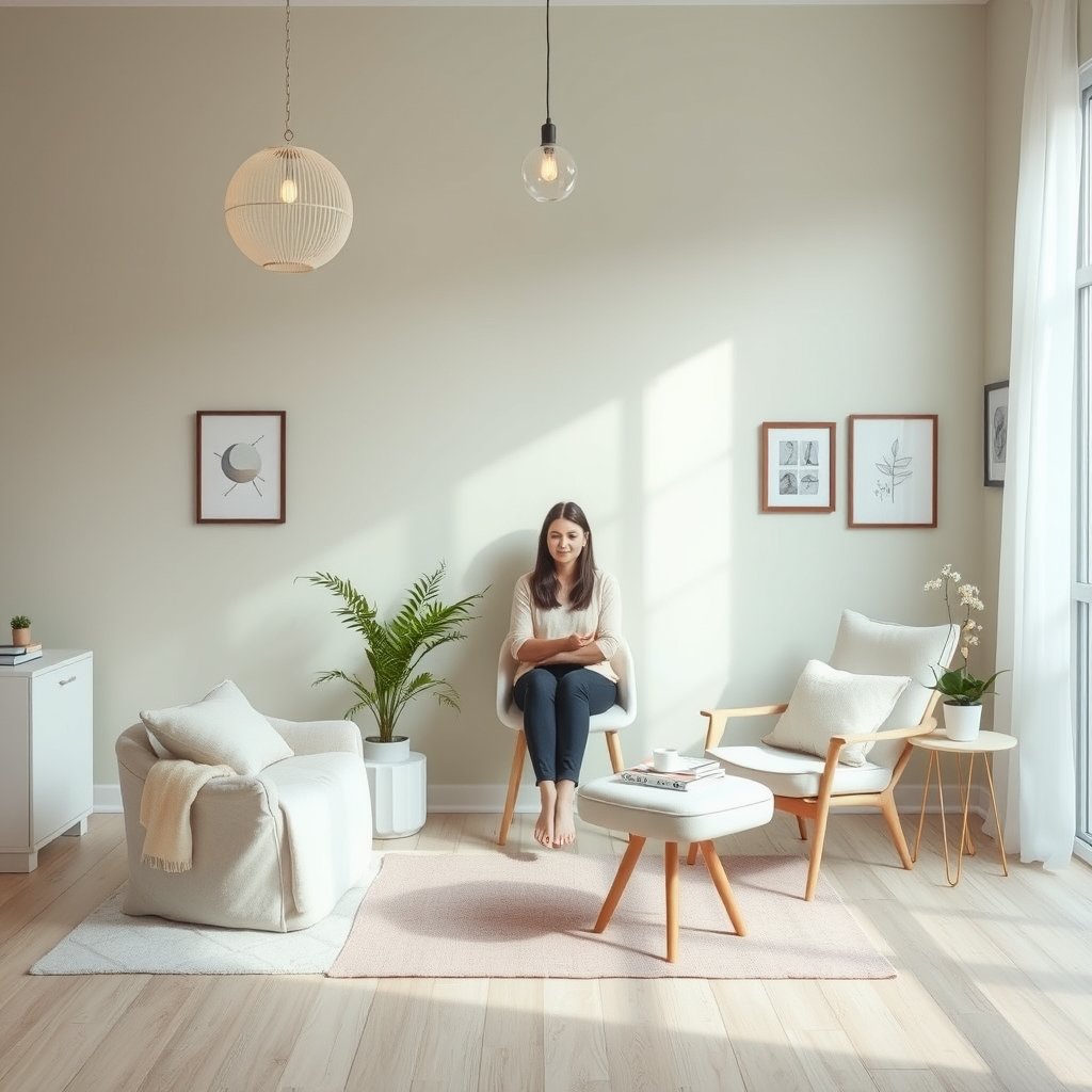 a therapy room with a good coach, add a person here, bright and airy, pastel tones, dreamy aesthetic
