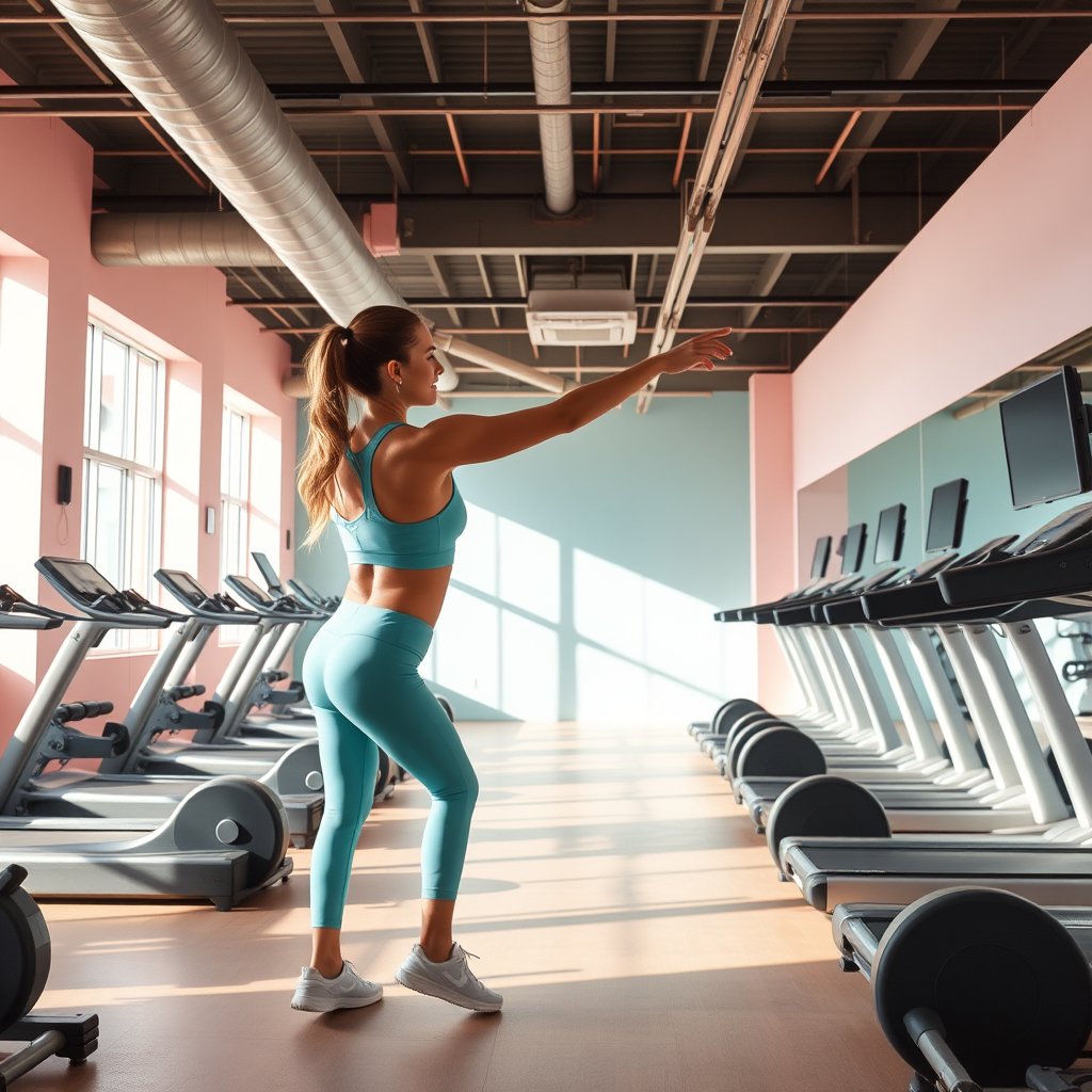 workout at the gym, bright and airy, pastel tones, dreamy aesthetic