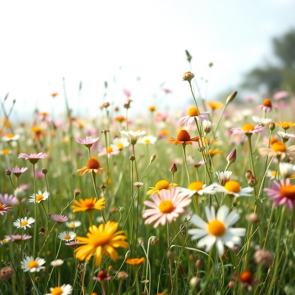 a field of wildflowers in full bloom, meadow at spring, bright and airy, pastel tones, dreamy aesthetic
