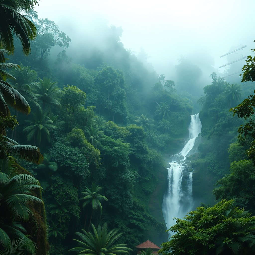 a lush tropical rainforest with a waterfall and mist, ultra realistic, crisp details, studio quality