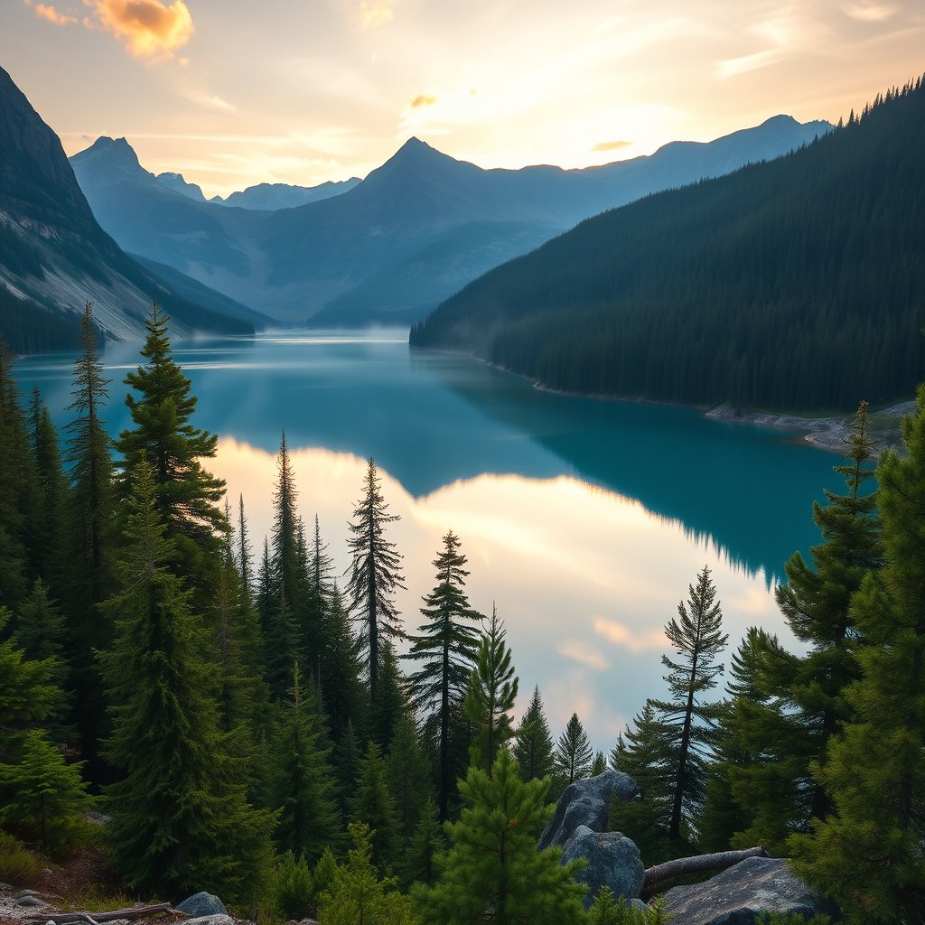 a serene mountain lake at sunrise surrounded by pine forests, highly detailed, 8k, professional photography, sharp focus
