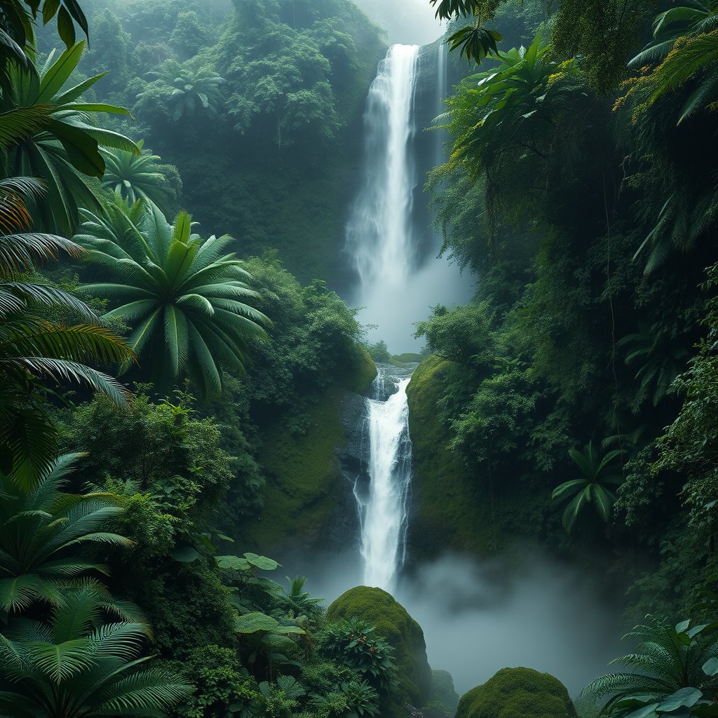 a lush tropical rainforest with a waterfall and mist, ultra realistic, crisp details, studio quality