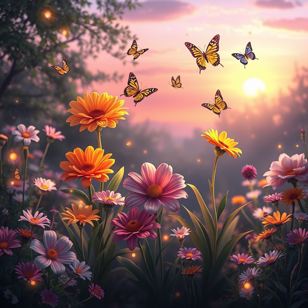 A beautiful fantasy garden symbolizing friendship, several colorful flowers blooming together, butterflies flying around, warm sunset light, glowing fireflies, soft pink and purple sky, peaceful and emotional atmosphere, whimsical digital painting, highly detailed, magical realism, 4K, bright and airy, pastel tones, dreamy aesthetic