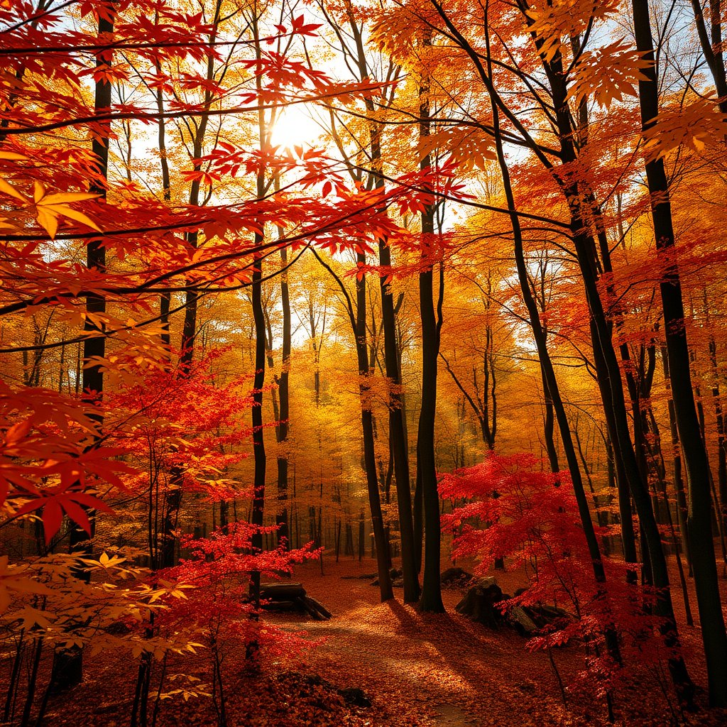 autumn forest with golden and red leaves, sun rays through trees, highly detailed, 8k, professional photography, sharp focus