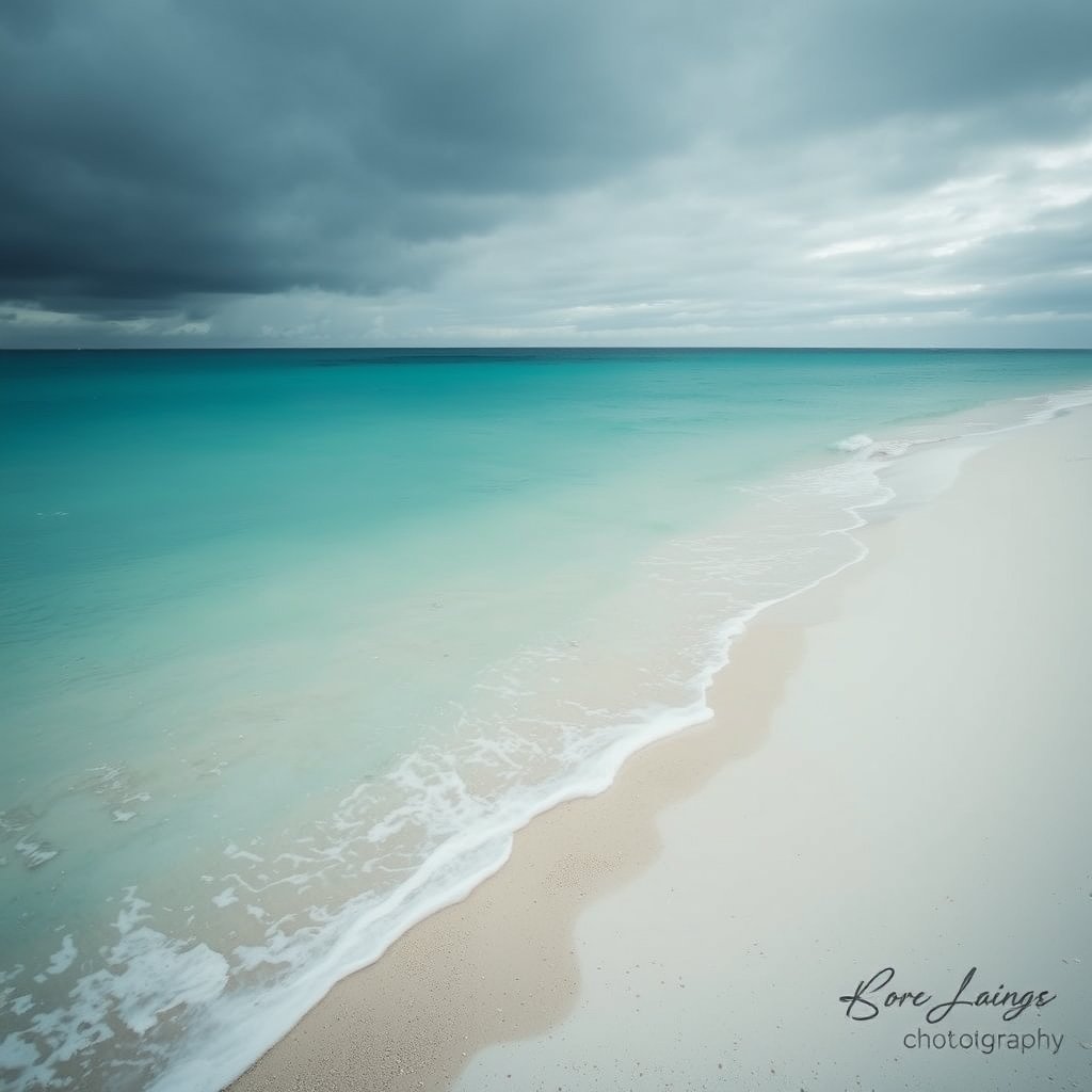 a calm ocean beach with turquoise water and white sand, moody lighting, high contrast, fine art photography
