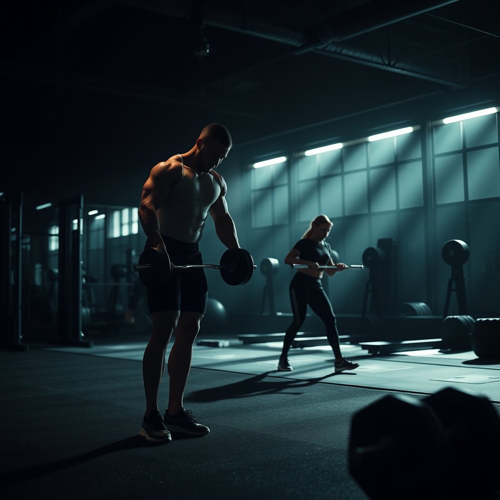 workout at the gym dark place showing workouts, moody lighting, high contrast, fine art photography
