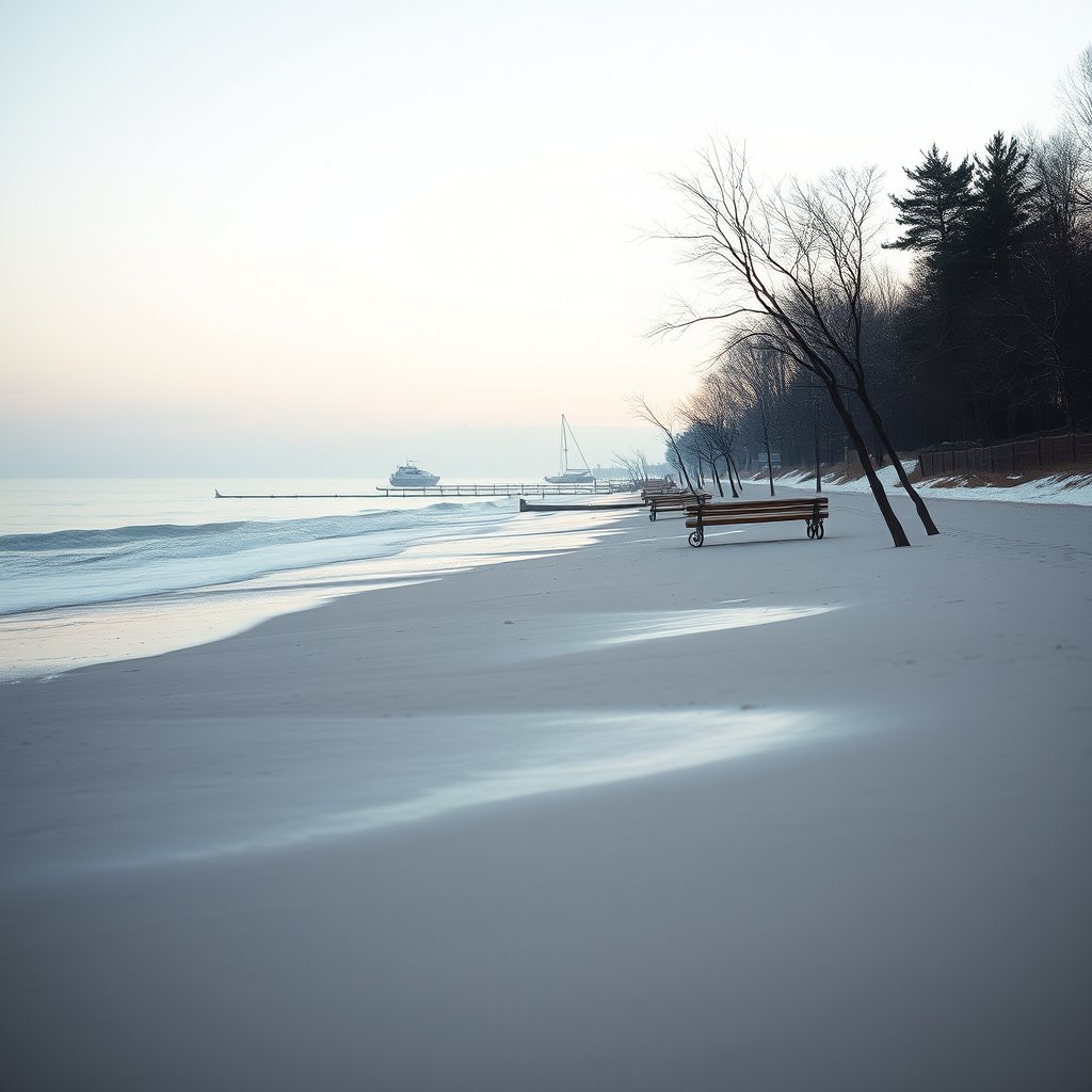 imagen que represente el invierno en la playa, minimalist composition, clean background, elegant
